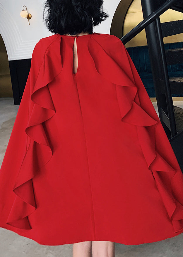 Red O-neck Ruffled Patchwork Cotton Mid Dresses Summer