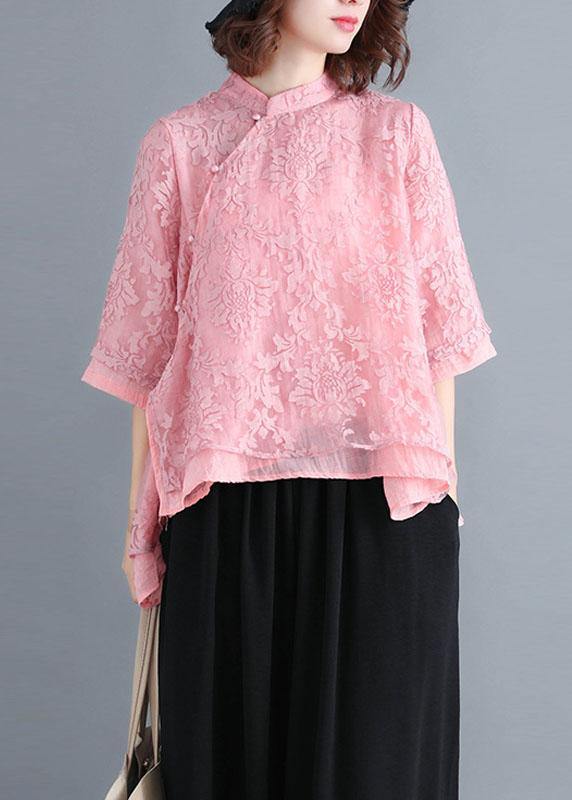 Red Lace Three Quarter Sleeve Oriental Loose Summer Top