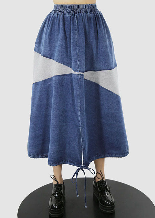 Blue White Elastic Waist Drawstring Patchwork Denim Skirt Spring