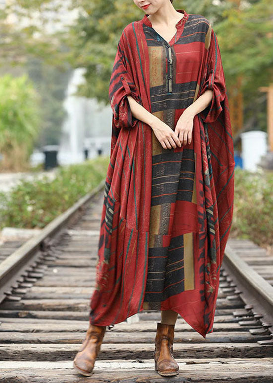 Loose Red V Neck Patchwork Linen Silk Long Dresses Spring