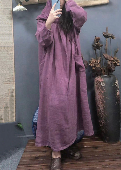 Purple Hooded Pockets Linen Long Dress Spring