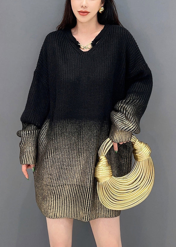 Gradient Color V Neck Cozy Cotton Knit Sweaters Long Sleeve
