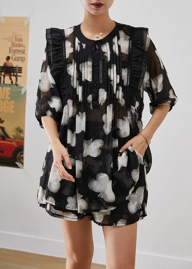 Diy Black Print Ruffled Patchwork Wrinkled Chiffon Two-piece Set Summer