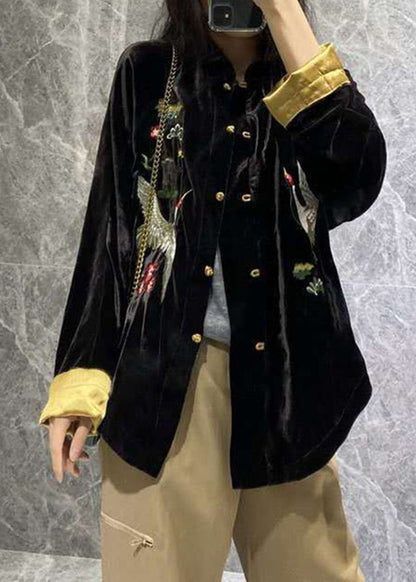 Black Mandarin Collar Print Velour Coats Long Sleeve