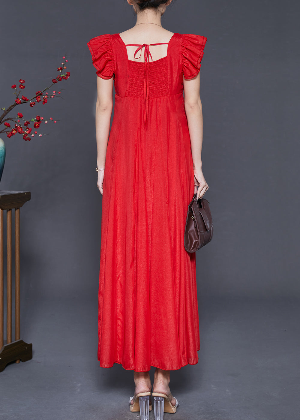 Red Exra Large Hem Chiffon Long Dress Butterfly Sleeve