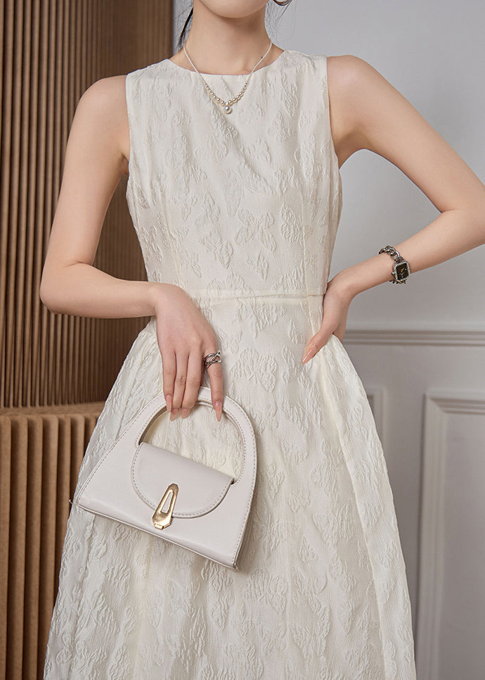 Jacquard White O-neck High Waist Cotton Long Dresses Sleeveless