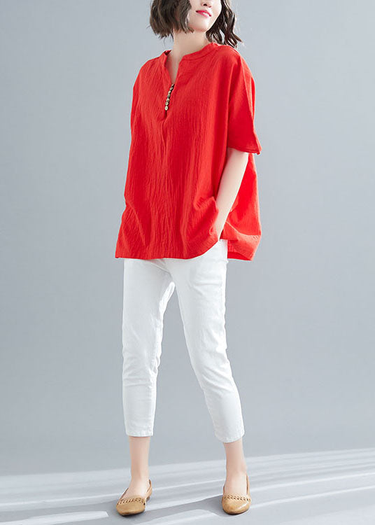 Red V Neck Wrinkled Cotton Tops Summer