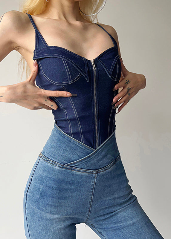 Blue Patchwork Zippered Denim Cami Bodysuit
