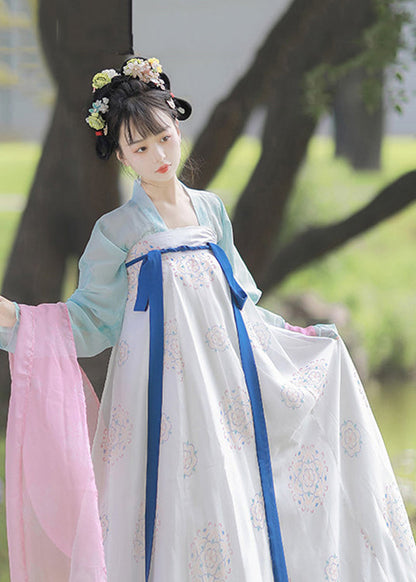 Chinese Style Blue Print Lace Up Patchwork Chiffontwo Pieces Set Fall