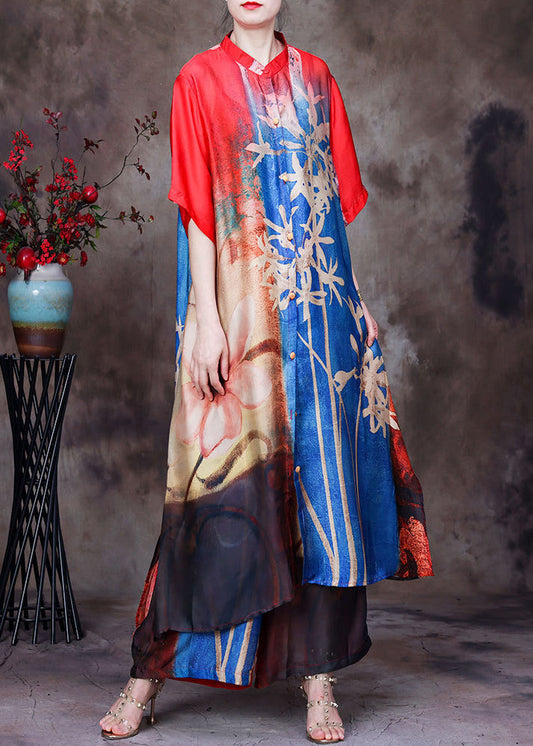 Colorblock Stand Collar Button Print Side Open Silk Long Shirt and Wide Leg Pants 2 Piece Outfit Short Sleeve