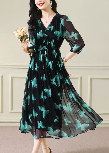 Green V Neck Print Drawstring Silk Dresses Summer