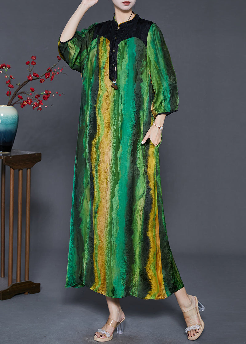 Green Mandarin Collar Tie Dye Silk Vacation Dresses Bracelet Sleeve