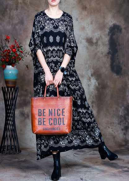 Black Knit Print Fall Long Sleeve Dress