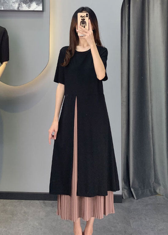 Black Chiffon Patchwork Side Open Dresses Short Sleeve