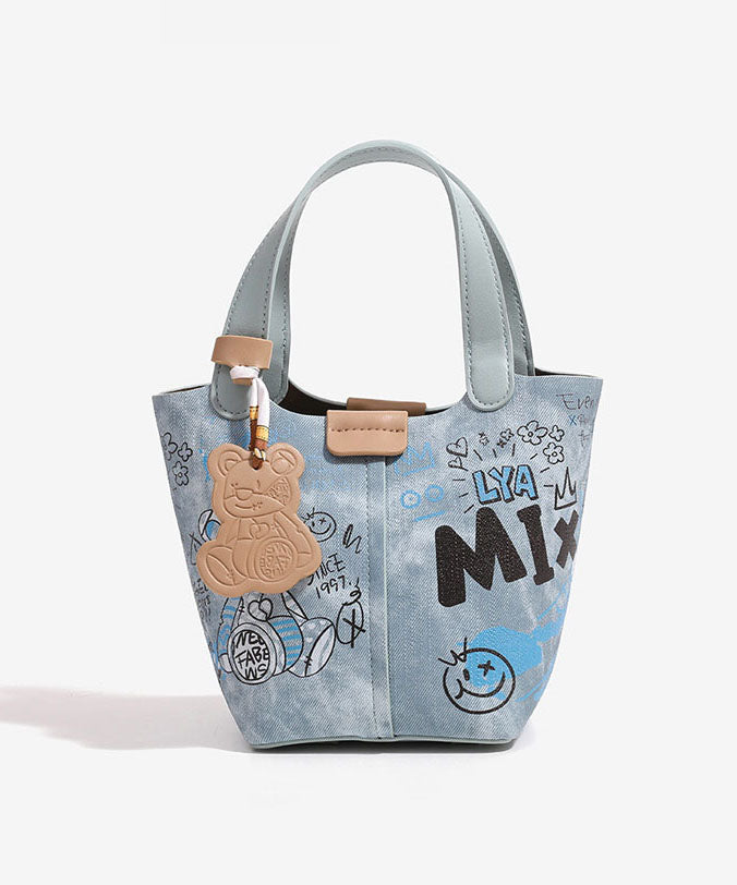 Blue Print Patchwork Denim Bucket Bag