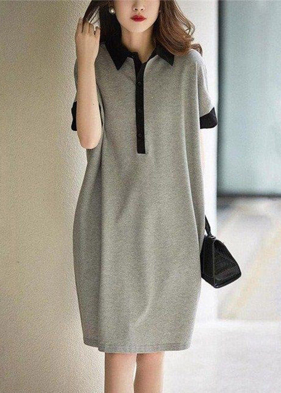 Black Peter Pan Collar Button Cotton Maxi Dresses Short Sleeve