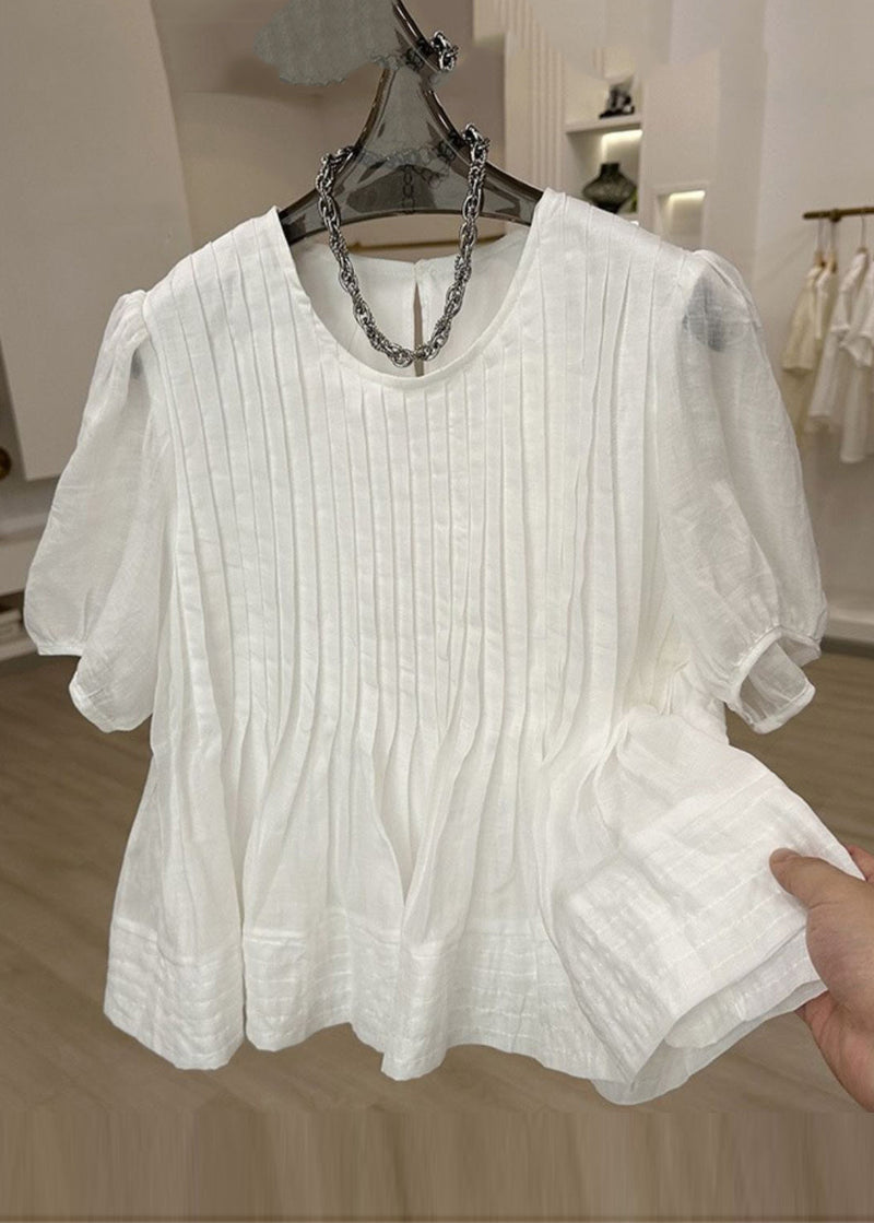 Modern White O-neck Wrinkled Patchwork Top Short Sleeve