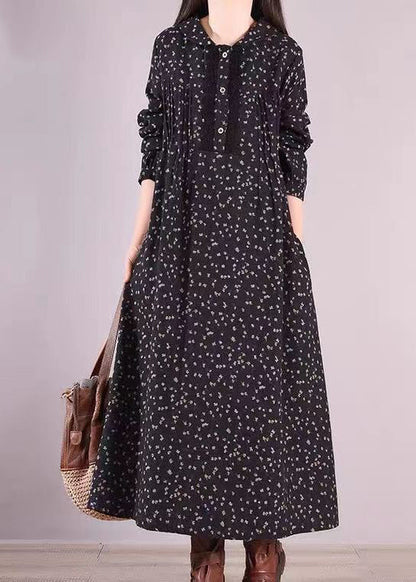 Black Print Pockets Wrinkled Patchwork Cotton Long Dresses Fall