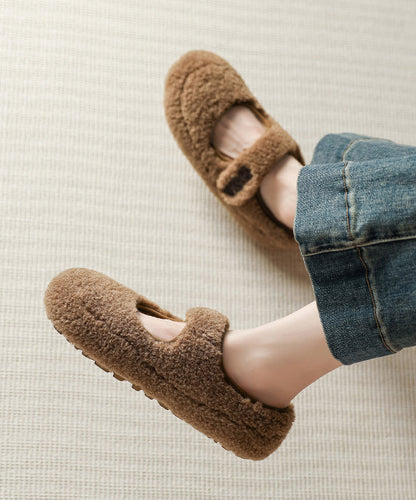 Beige Faux Fur Splicing Flat Shoes Fuzzy Wool Lined