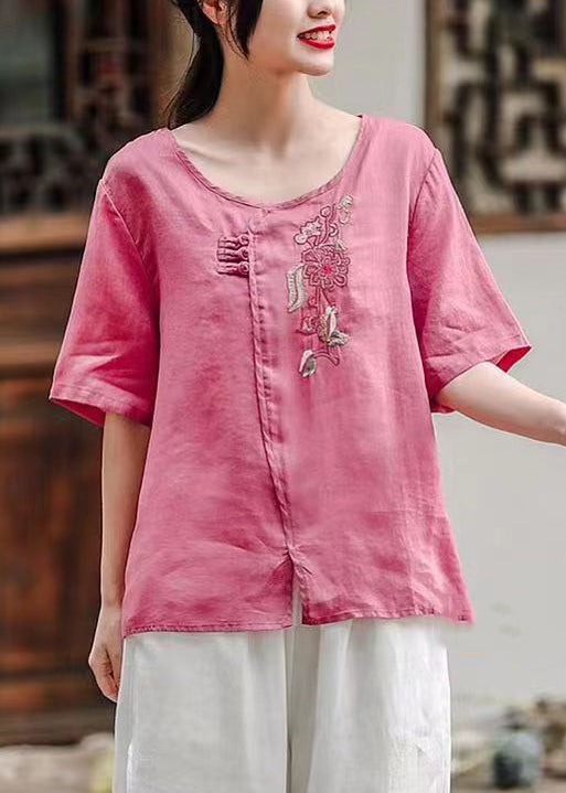 Rose O-neck Side Open Patchwork Cotton T Shirt Summer