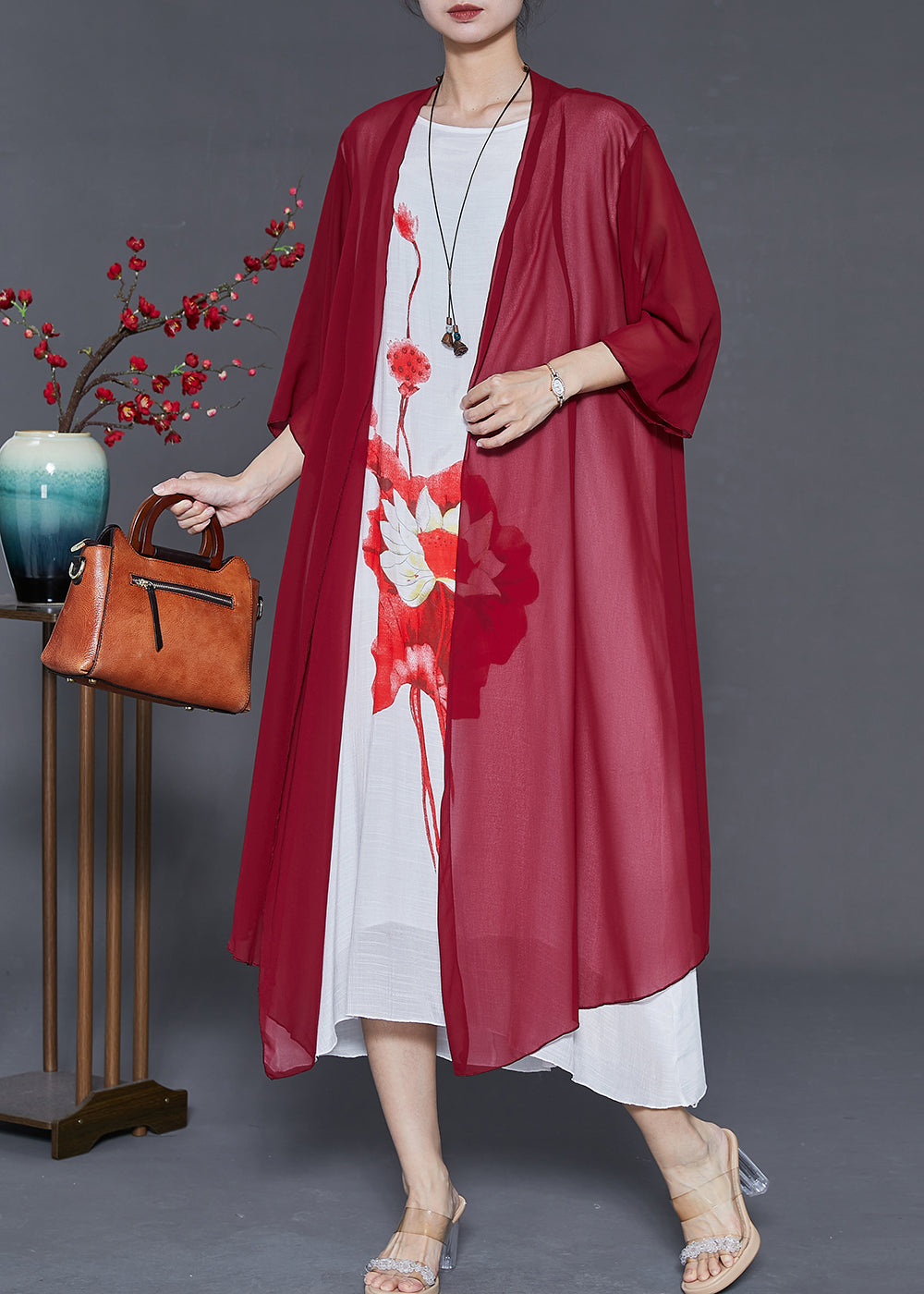 Mulberry Print Chiffon Cardigan and Dress Two Pieces Set Summer