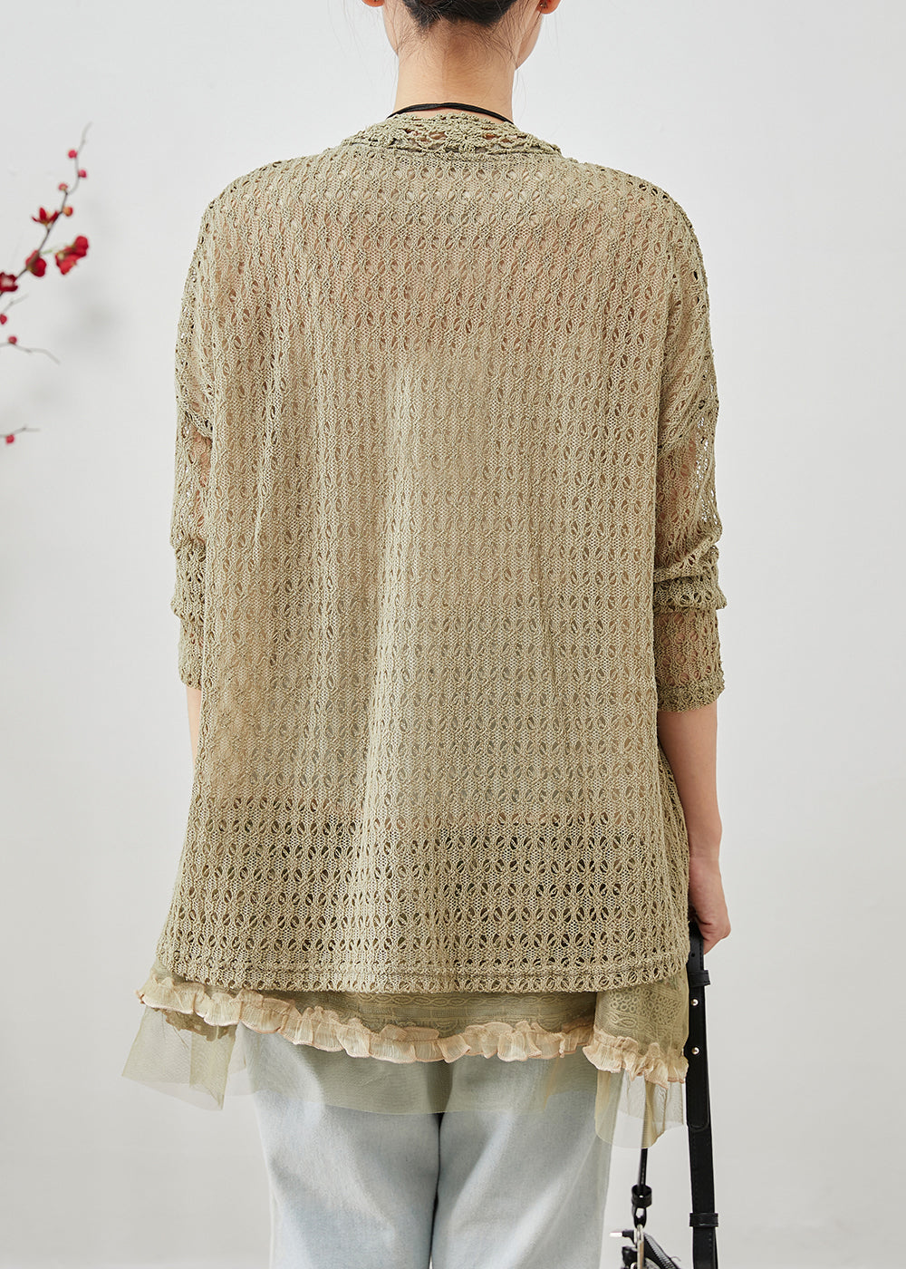 Green Ruffled Patchwork Hollow Out Lace Cardigans Fall