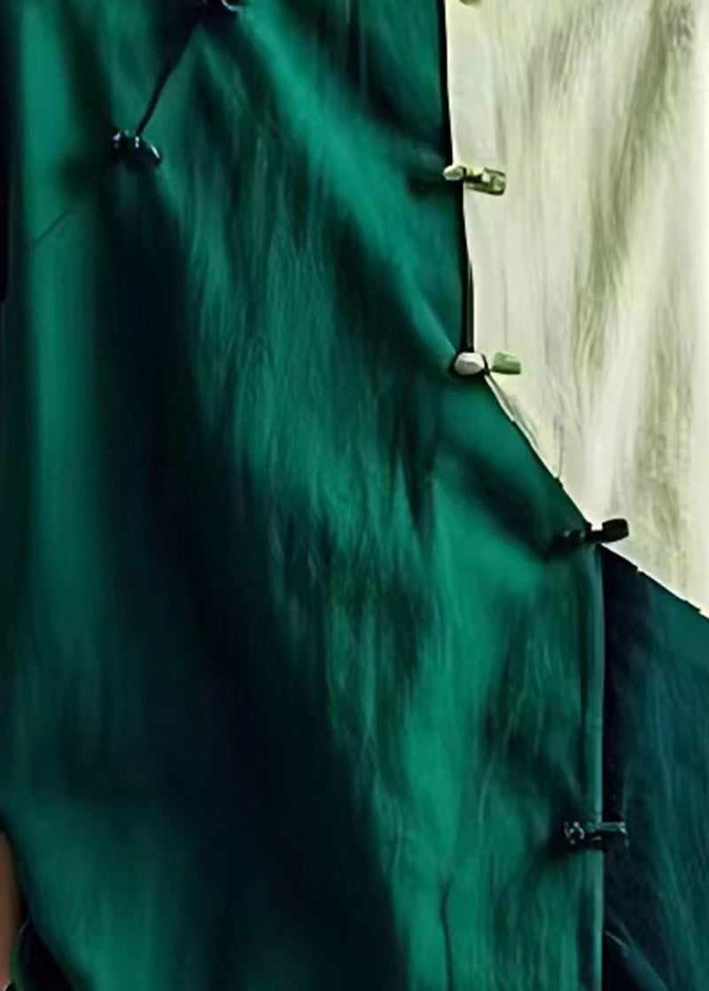 Green Oversized Patchwork Chinese Button Linen Shirt Summer