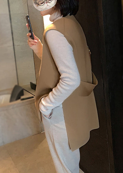 Handmade Camel Colour O-neck Sashes Woolen Waistcoat Sleeveless