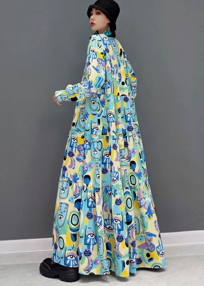 Blue Print Patchwork Cotton a Line Long Dress Stand Collar Long Sleeve
