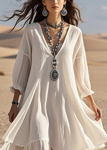 White Oversized Patchwork Cotton Maxi Dresses Bracelet Sleeve Summer