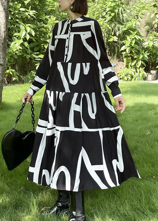 Italian Black Patchwork Button Print Fall Long Sleeve Party Dress