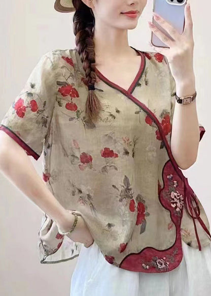 Khaki V Neck Print Lace Up Patchwork Linen Top Summer