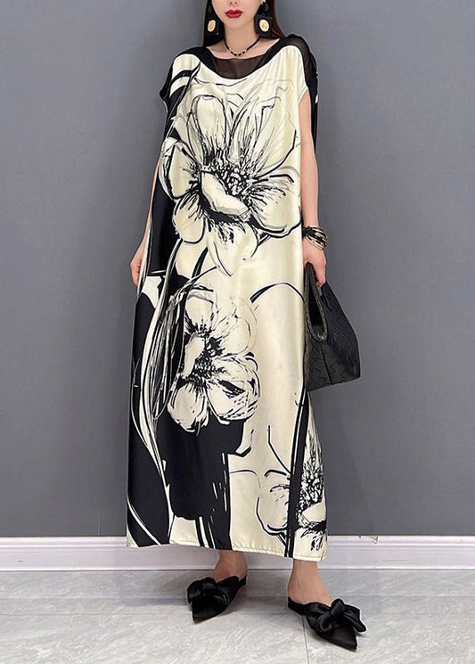 Boutique White O-neck Print Tie Waist Chiffon Dress Short Sleeve