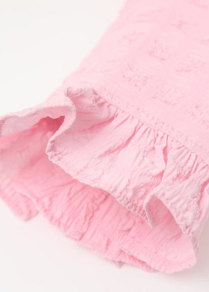 Pink Square Collar Ruffled Print Tulle Shirts Long Sleeve