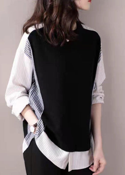 Black O-neck Striped Patchwork Shirt Fake Two Top Spring