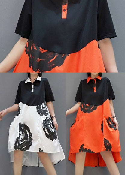 Stylish Black Orange Button Peter Pan Collar Shirt Dresses Spring