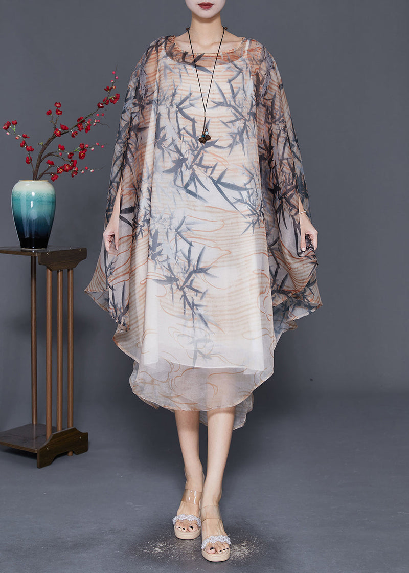 Khaki Oversized Print Tulle Dress Cloak Sleeves