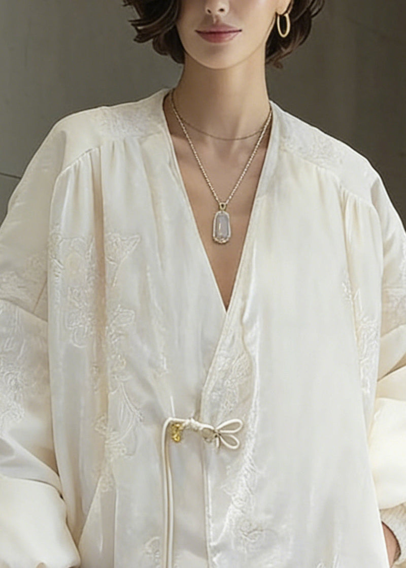 Chinese Style White Embroidered Duck Down Coats Winter