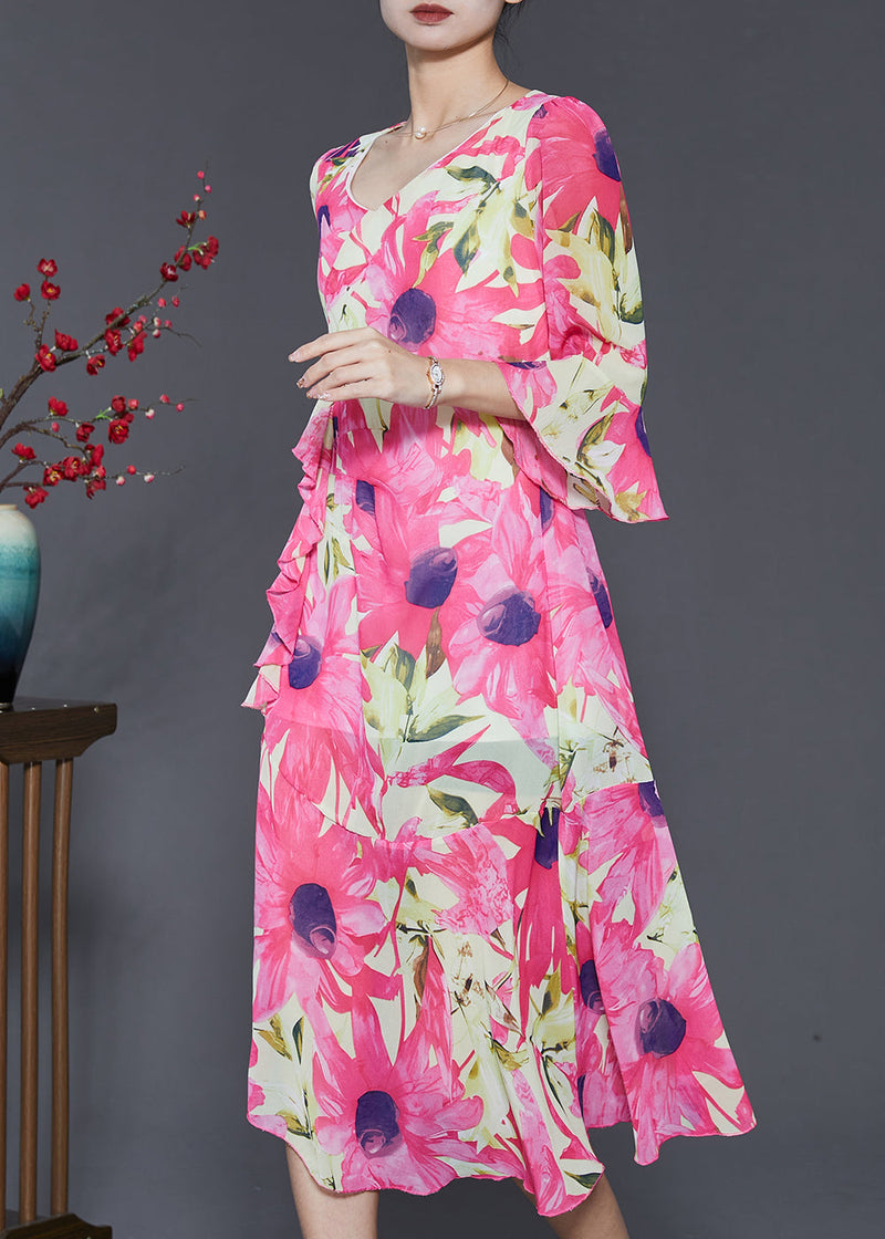Silm Fit Pink V Neck Print Chiffon Long Dress Flare Sleeve