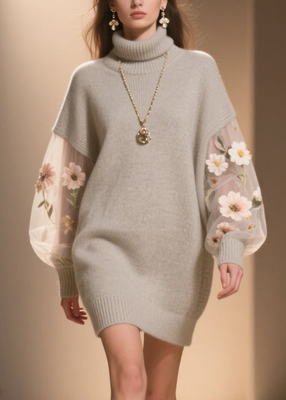 Hign Neck Tulle Patchwork Knit Sweater Dress Winter