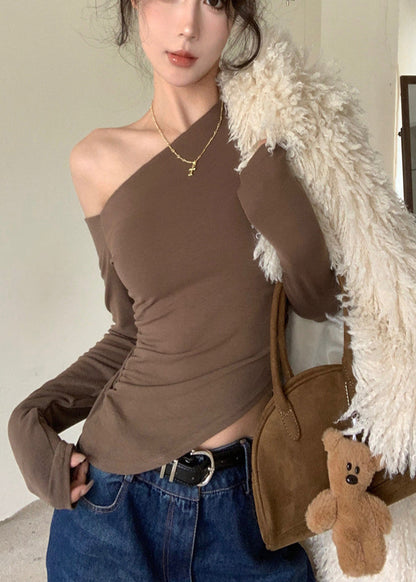 Brown One Shoulder Cotton Blouse Tops Fall
