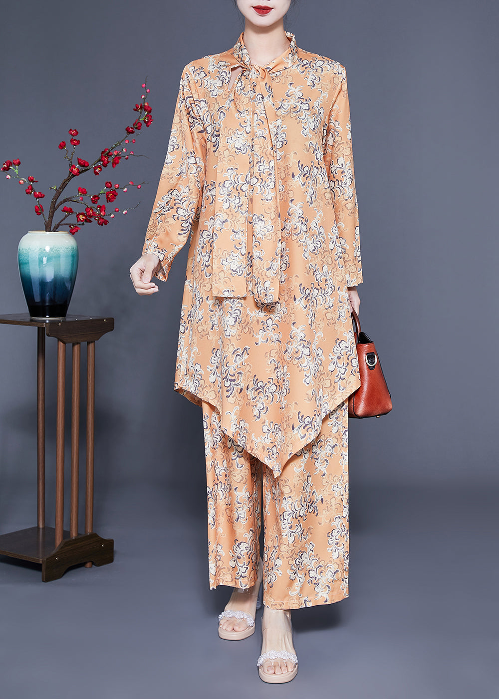 Modern Khaki Bow Asymmetrical Design Print Silk Two Piece Set Clothing Spring