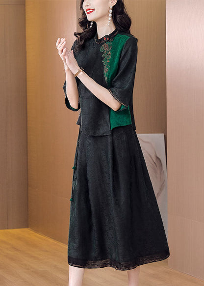 Art Black Embroideried Tops and Skirts Silk Two Piece Set Outfits Summer