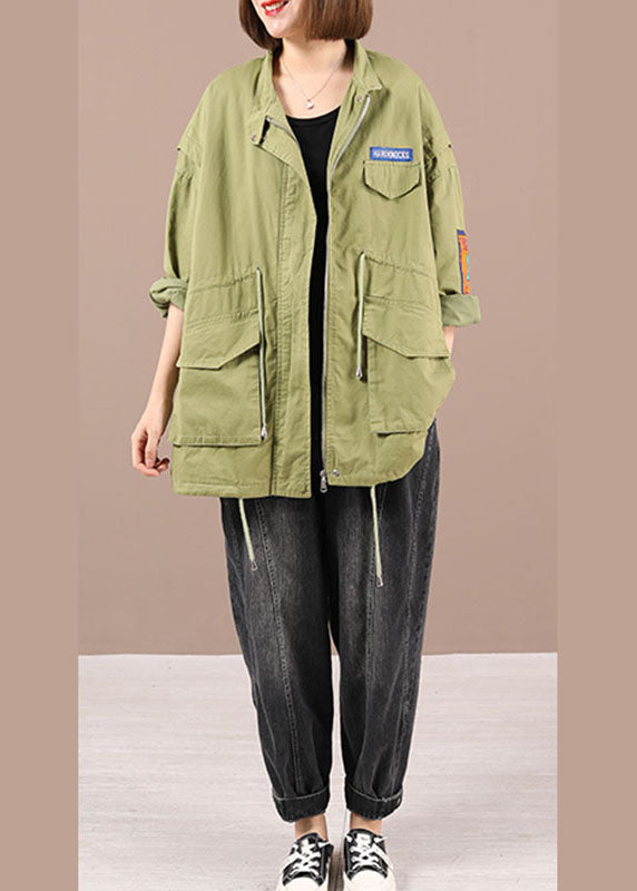 Organic Light Green Loose Zippered Pockets Fall Tie Waist Long Sleeve Coat