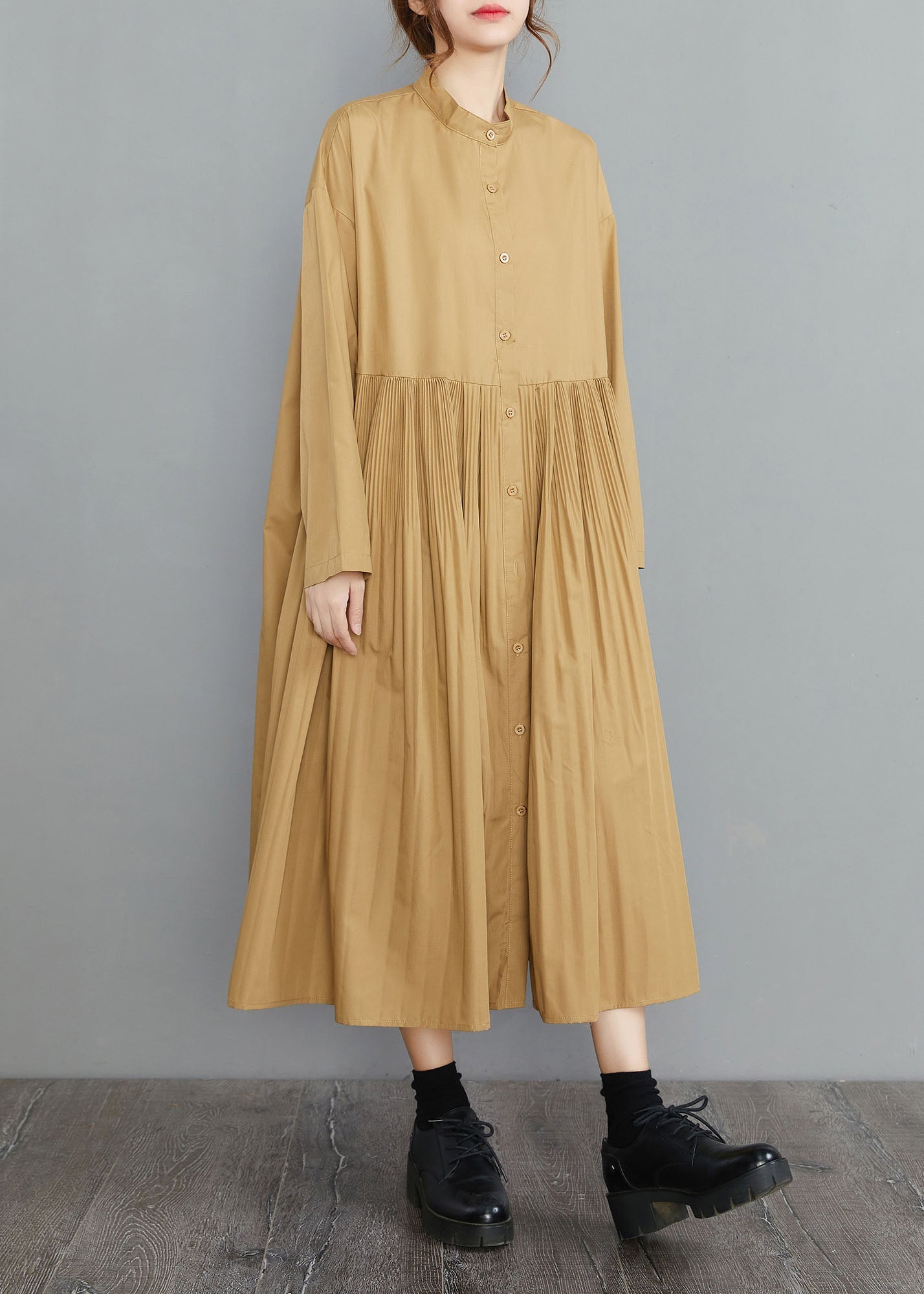 Yellow Button Cotton Dresses Spring