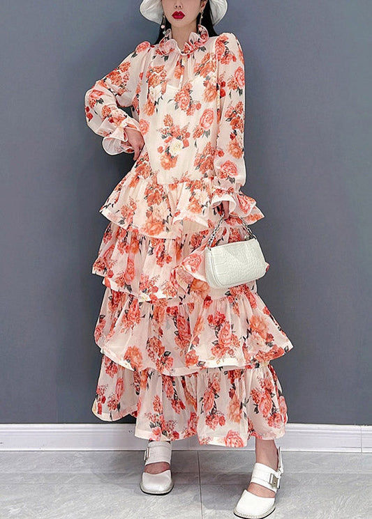 Pink Ruffled Print Layered Chiffon Long Dresses Long Sleeve