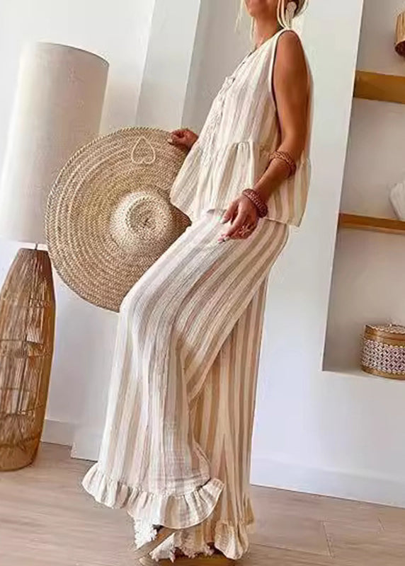 Handmade Camel O-neck Striped Top and Wide Leg Pants Two Pieces Set Summer