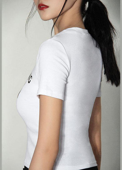 French White Letter O-neck Cotton Summer Tops