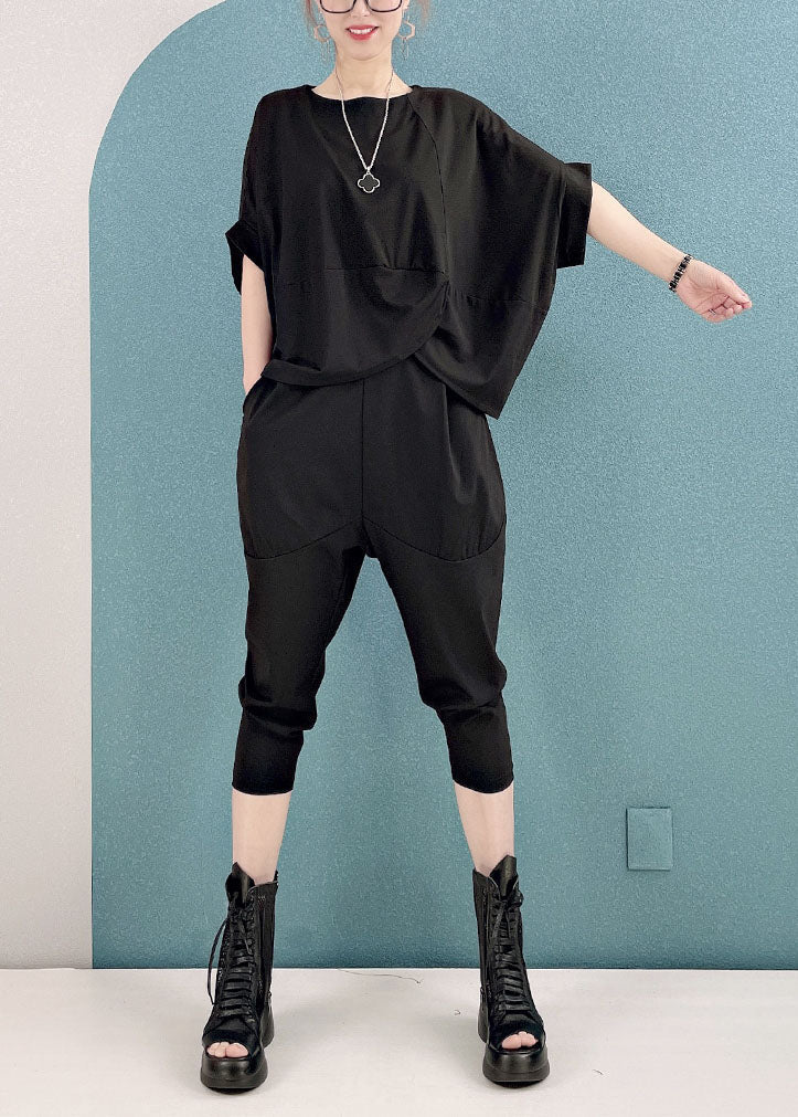 Style Black O-neck Asymmetrical Cotton Tops and Harem Pants Two Pieces Set Short Sleeve