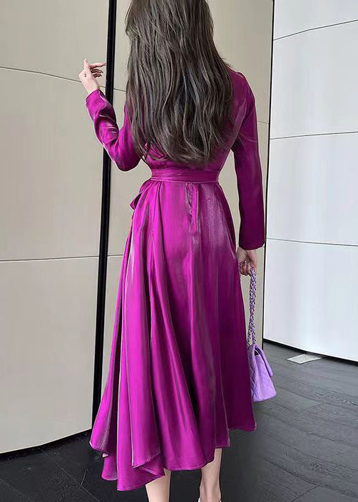 Rose V Neck Tie Waist Silk Long Dress Spring